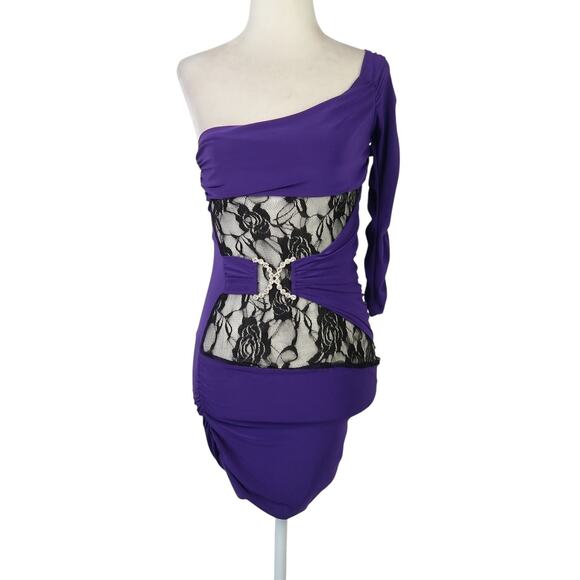 Vintage Y2K FD Purple Black Lace Cut-Out One Shoulder Mini Dress S - Picture 1 of 5